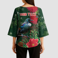 Tui Meri Kirihimete Personalised Kimono Sleeve Blouse Pohutukawa Flowers Green Motif - Polynesian Pride