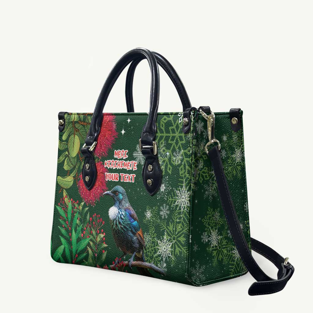Tui Meri Kirihimete Personalised Leather Bag Pohutukawa Flowers Green Motif - Polynesian Pride