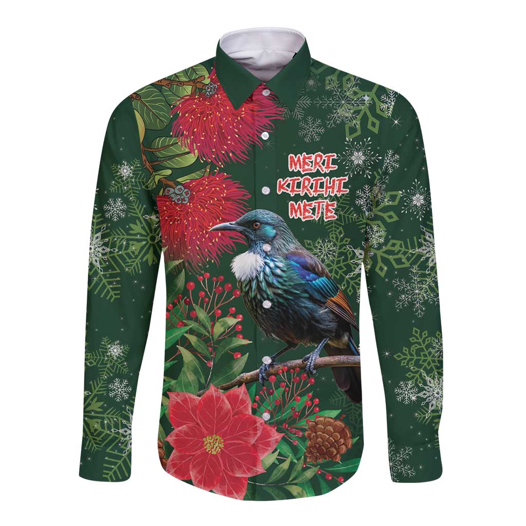 Tui Meri Kirihimete Personalised Long Sleeve Button Shirt Pohutukawa Flowers Green Motif - Polynesian Pride