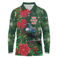 Tui Meri Kirihimete Personalised Long Sleeve Polo Shirt Pohutukawa Flowers Green Motif - Polynesian Pride