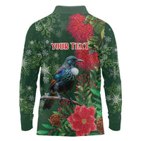 Tui Meri Kirihimete Personalised Long Sleeve Polo Shirt Pohutukawa Flowers Green Motif - Polynesian Pride