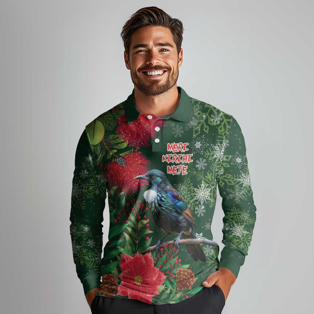 Tui Meri Kirihimete Personalised Long Sleeve Polo Shirt Pohutukawa Flowers Green Motif - Polynesian Pride