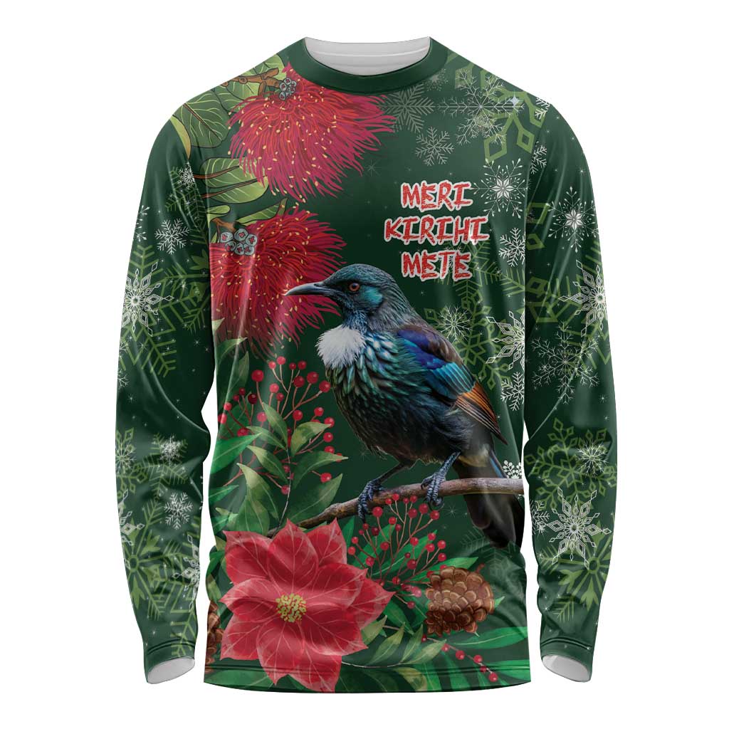 Tui Meri Kirihimete Personalised Long Sleeve Shirt Pohutukawa Flowers Green Motif - Polynesian Pride