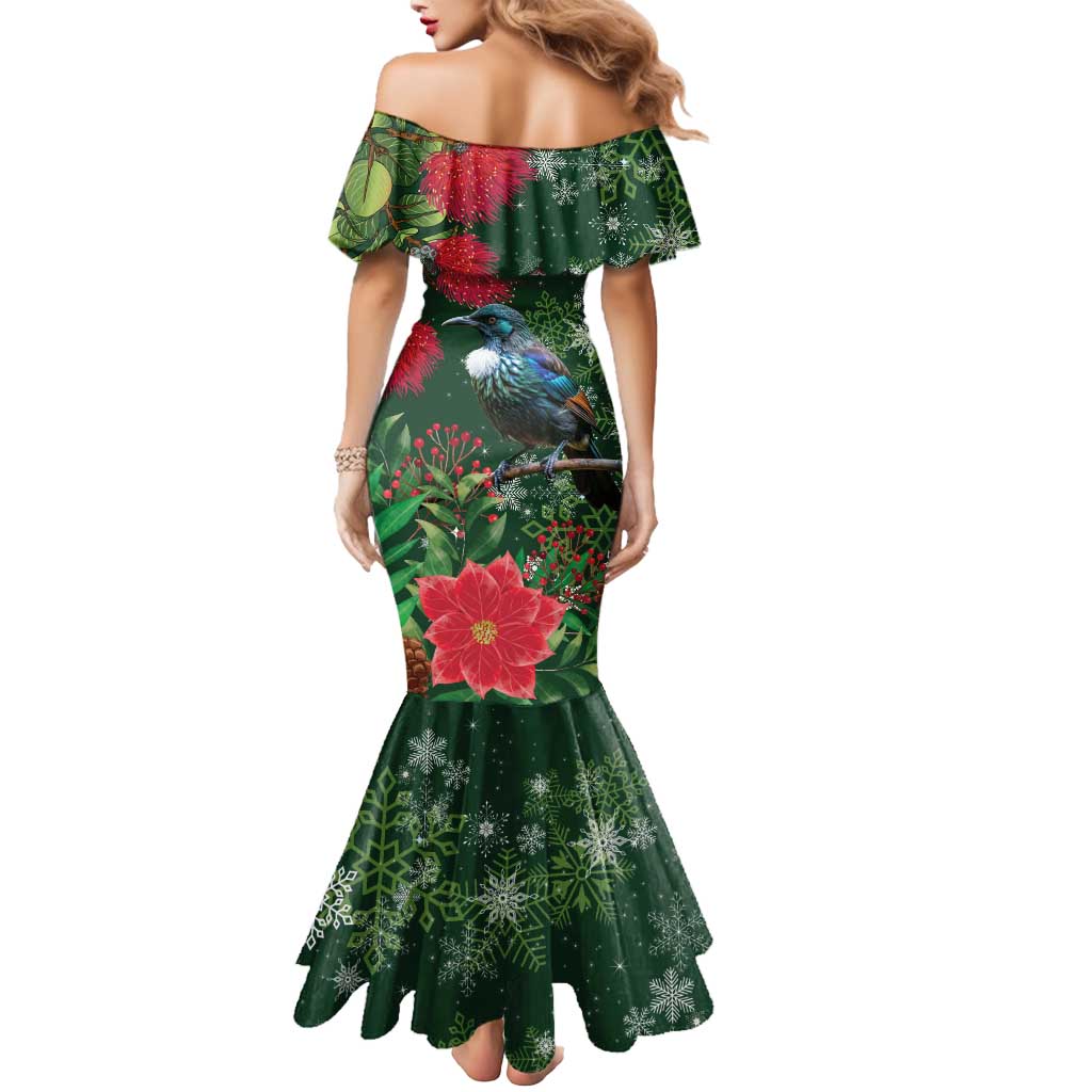 Tui Meri Kirihimete Personalised Mermaid Dress Pohutukawa Flowers Green Motif - Polynesian Pride
