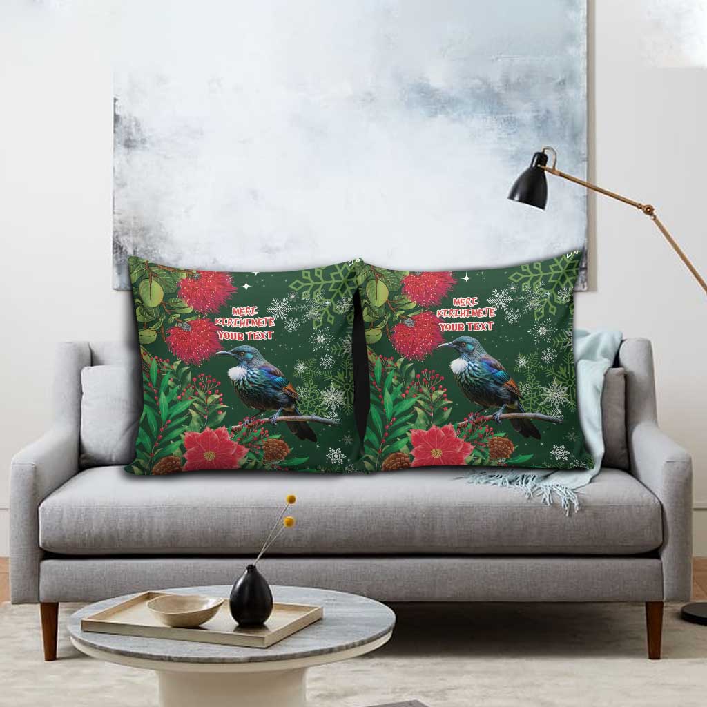 Tui Meri Kirihimete Personalised Pillow Cover Pohutukawa Flowers Green Motif - Polynesian Pride