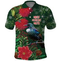 Tui Meri Kirihimete Personalised Polo Shirt Pohutukawa Flowers Green Motif - Polynesian Pride