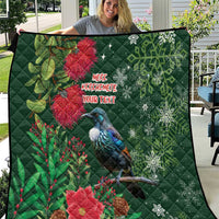 Tui Meri Kirihimete Personalised Quilt Pohutukawa Flowers Green Motif - Polynesian Pride