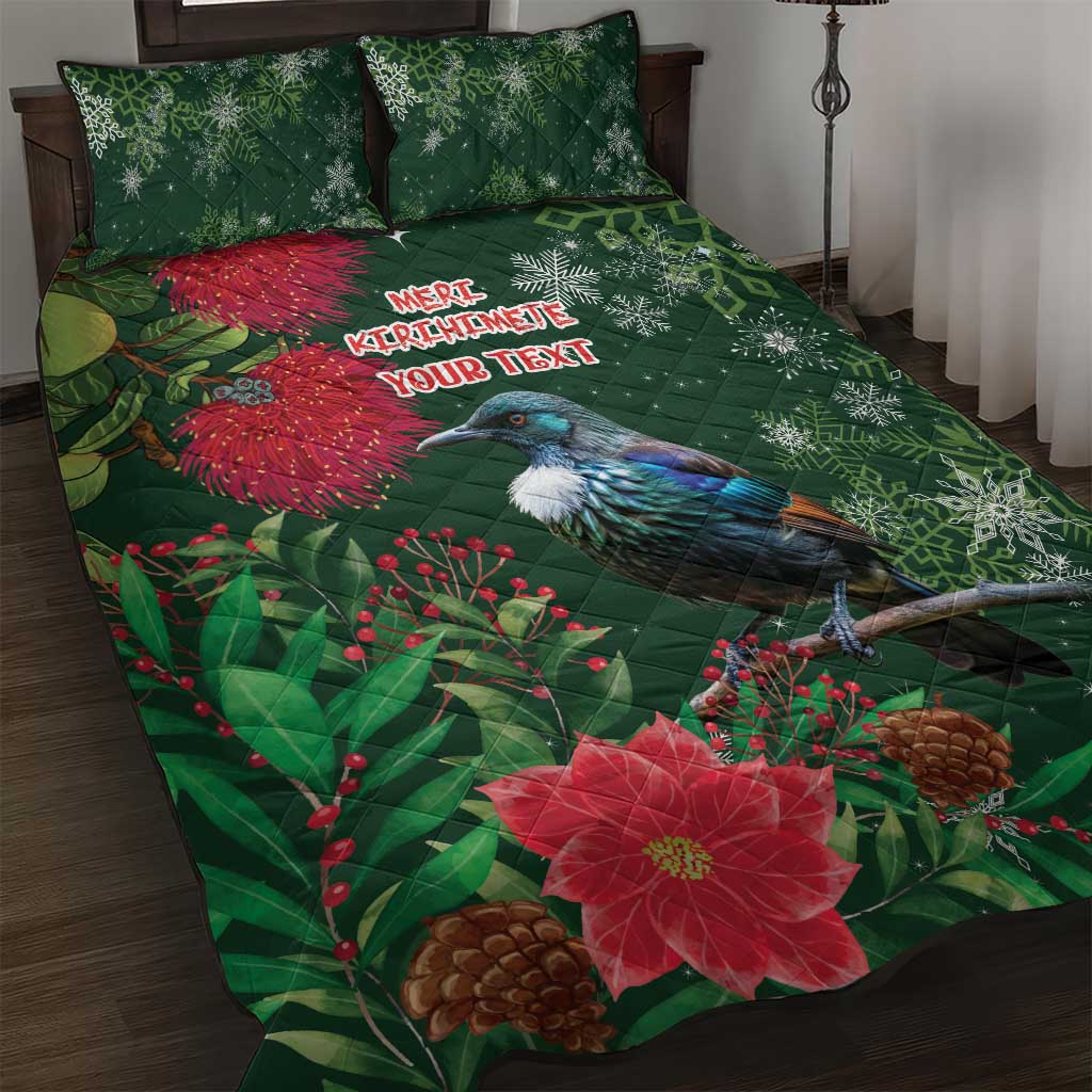 Tui Meri Kirihimete Personalised Quilt Bed Set Pohutukawa Flowers Green Motif LT9 Green - Polynesian Pride