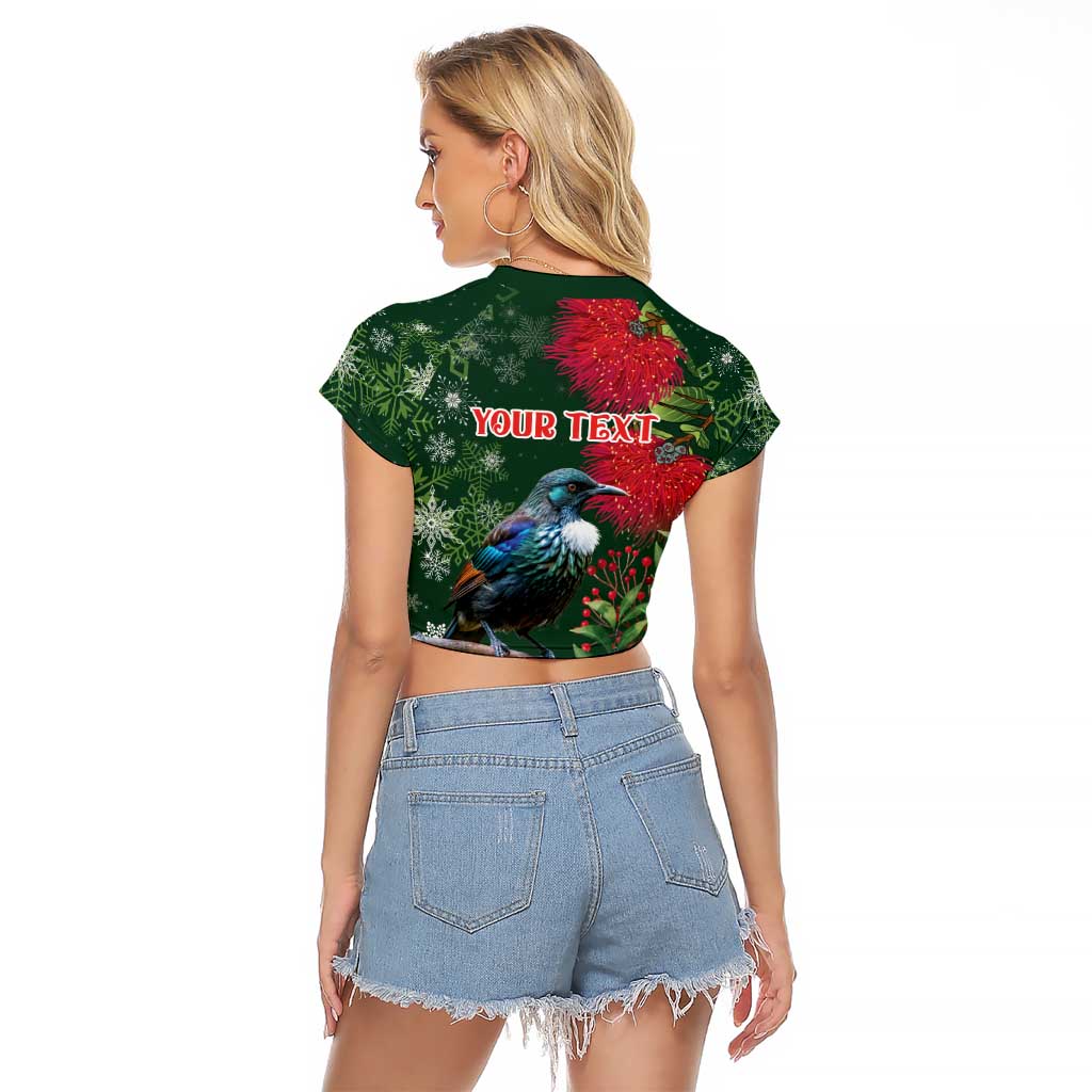 Tui Meri Kirihimete Personalised Raglan Cropped T Shirt Pohutukawa Flowers Green Motif - Polynesian Pride