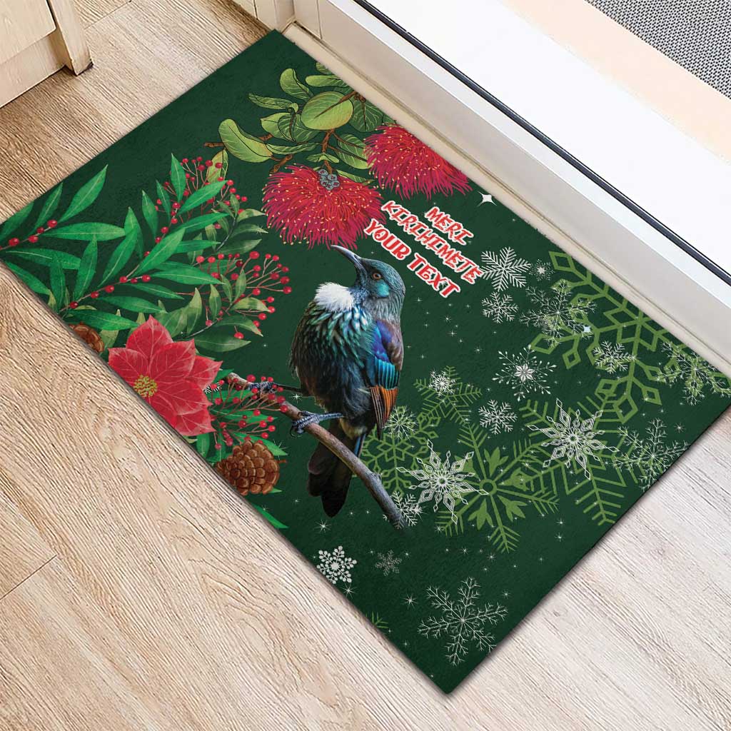 Tui Meri Kirihimete Personalised Rubber Doormat Pohutukawa Flowers Green Motif - Polynesian Pride