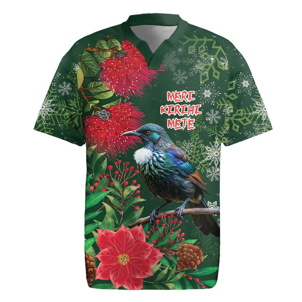 Tui Meri Kirihimete Personalised Rugby Jersey Pohutukawa Flowers Green Motif - Polynesian Pride