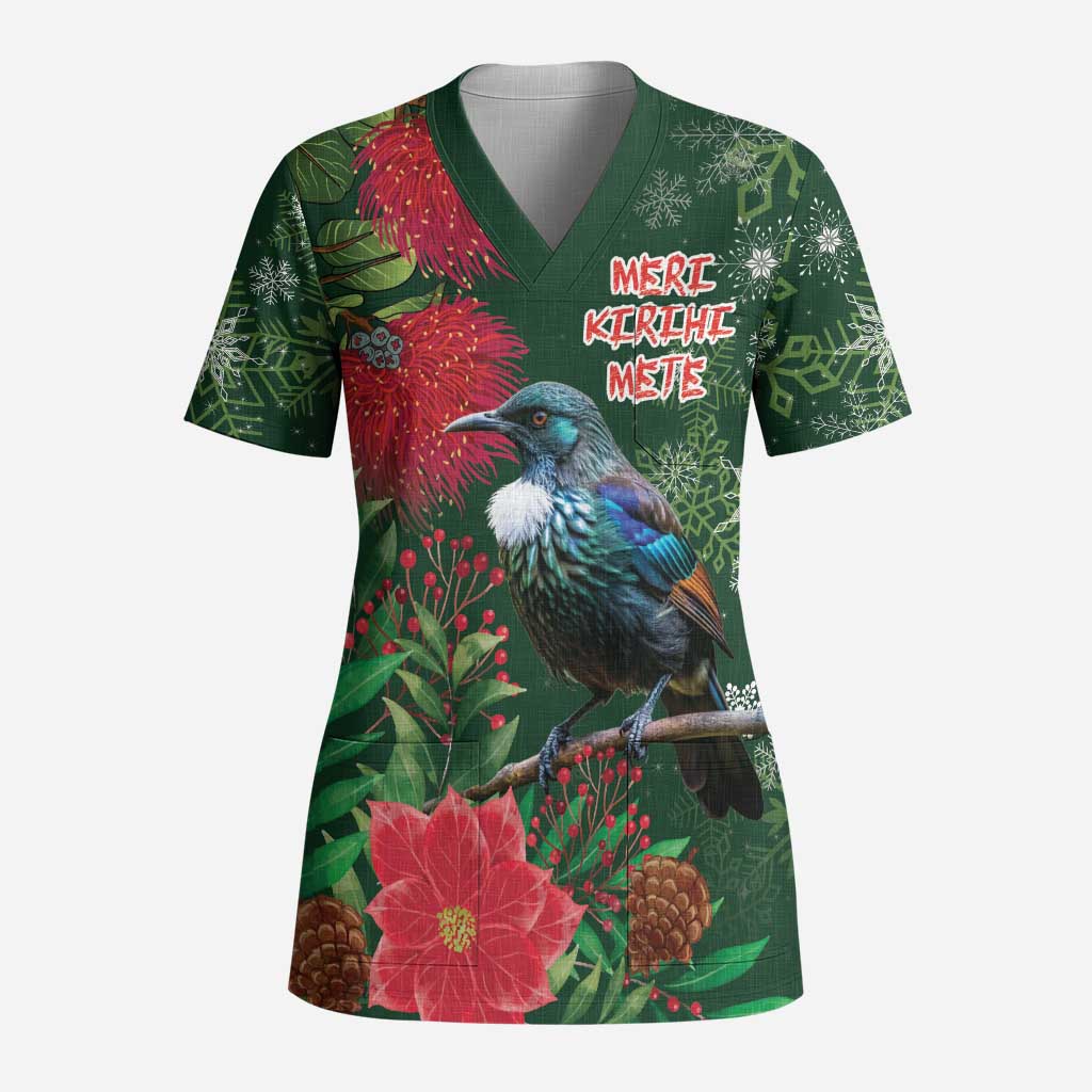 Tui Meri Kirihimete Personalised Scrub Top Pohutukawa Flowers Green Motif - Polynesian Pride