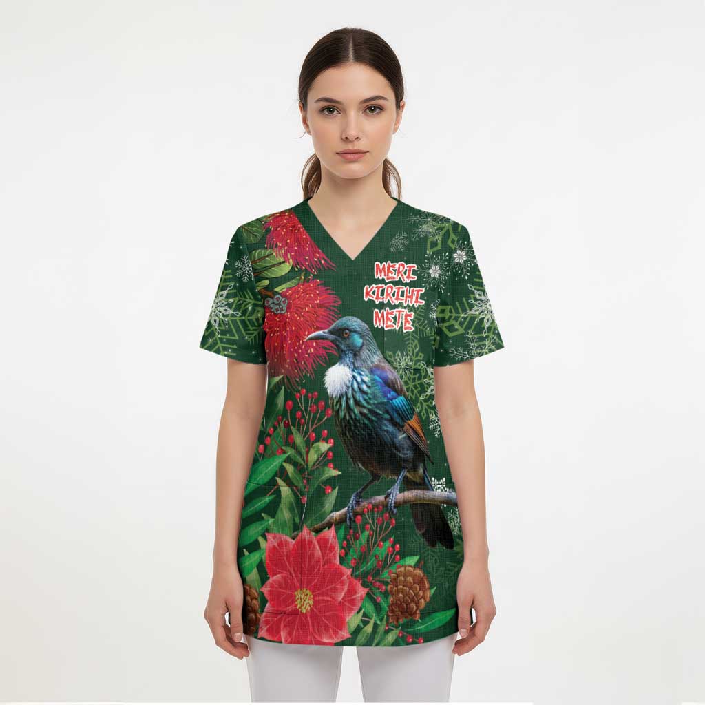 Tui Meri Kirihimete Personalised Scrub Top Pohutukawa Flowers Green Motif - Polynesian Pride