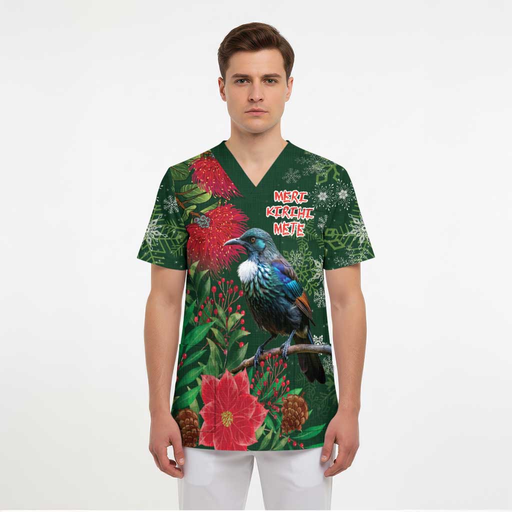 Tui Meri Kirihimete Personalised Scrub Top Pohutukawa Flowers Green Motif - Polynesian Pride
