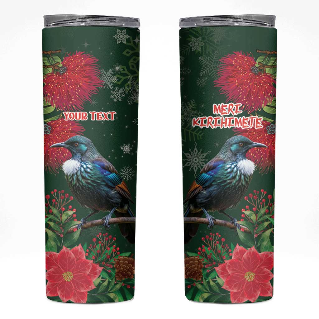 Tui Meri Kirihimete Personalised Skinny Tumbler Pohutukawa Flowers Green Motif - Polynesian Pride