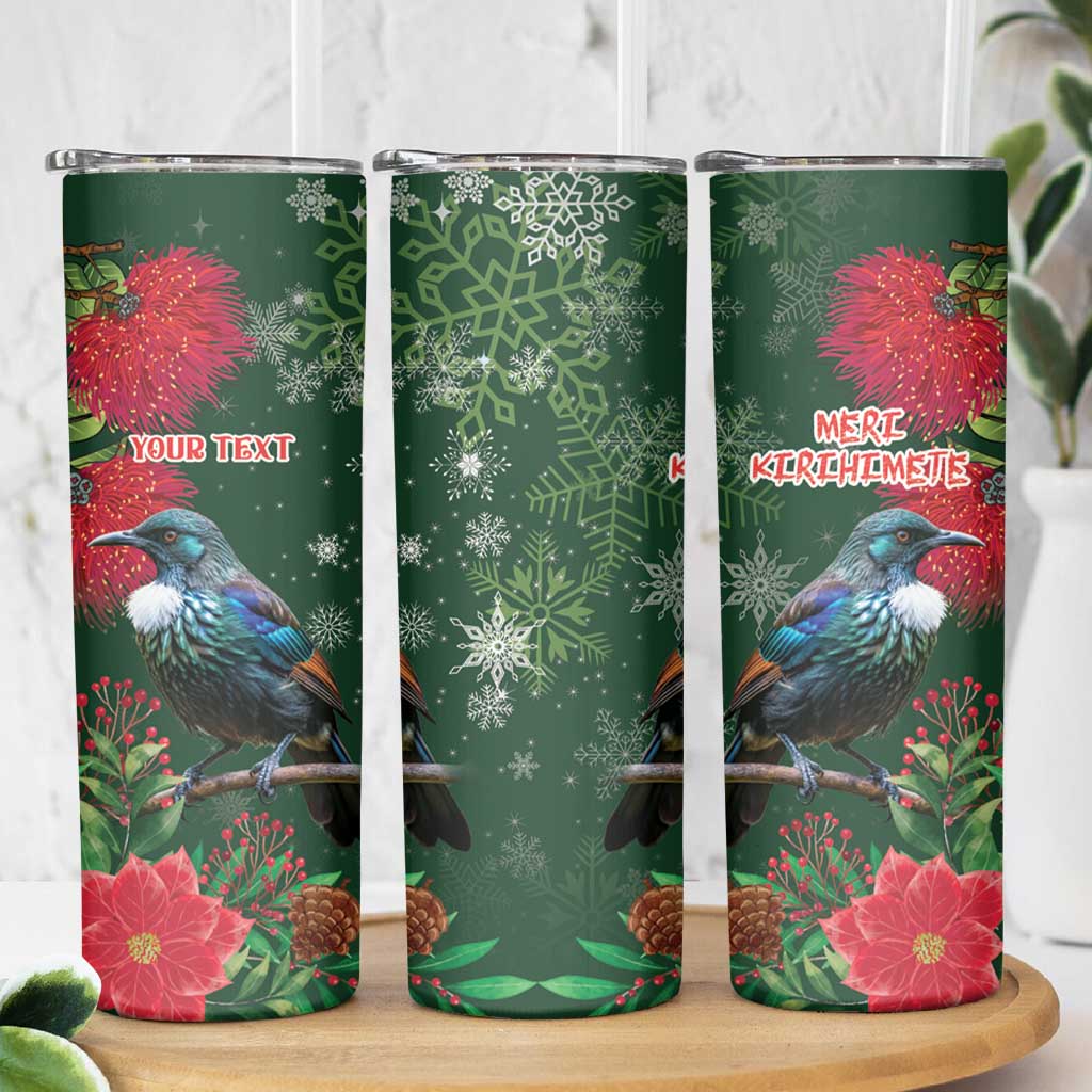 Tui Meri Kirihimete Personalised Skinny Tumbler Pohutukawa Flowers Green Motif - Polynesian Pride