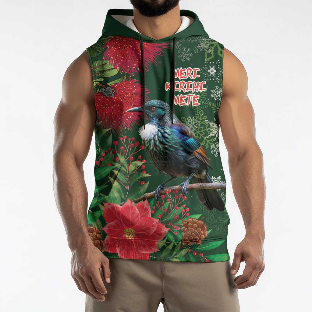Tui Meri Kirihimete Personalised Sleeveless Hoodie Pohutukawa Flowers Green Motif - Polynesian Pride
