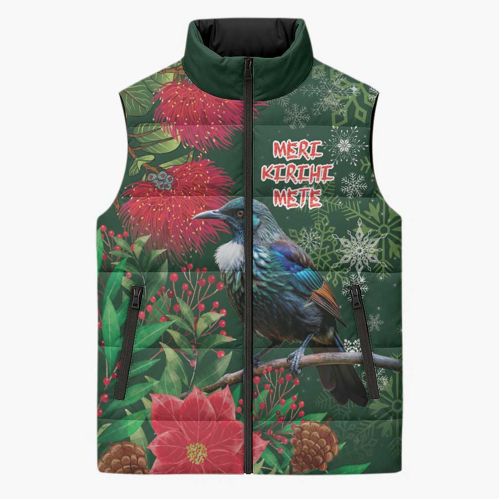 Tui Meri Kirihimete Personalised Sleeveless Puffer Jacket Pohutukawa Flowers Green Motif - Polynesian Pride