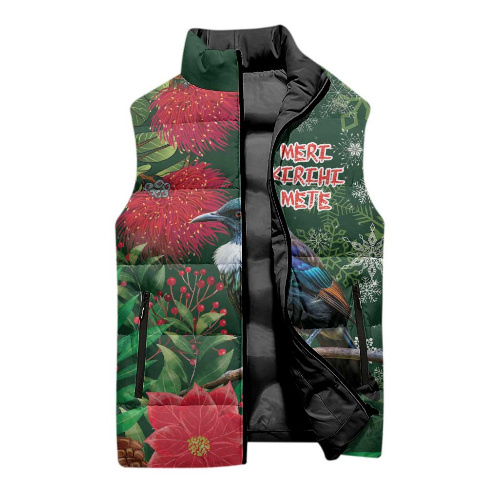 Tui Meri Kirihimete Personalised Sleeveless Puffer Jacket Pohutukawa Flowers Green Motif - Polynesian Pride
