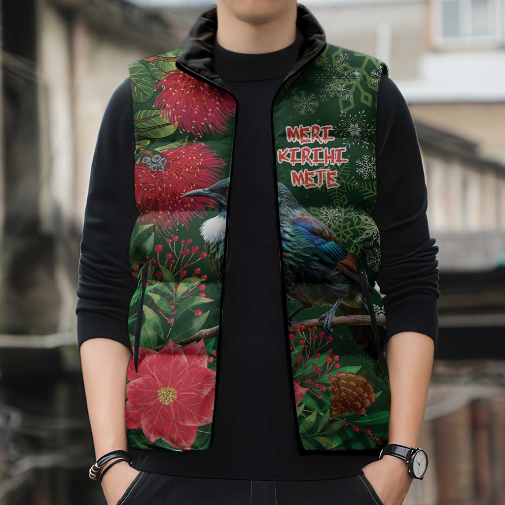 Tui Meri Kirihimete Personalised Sleeveless Puffer Jacket Pohutukawa Flowers Green Motif - Polynesian Pride