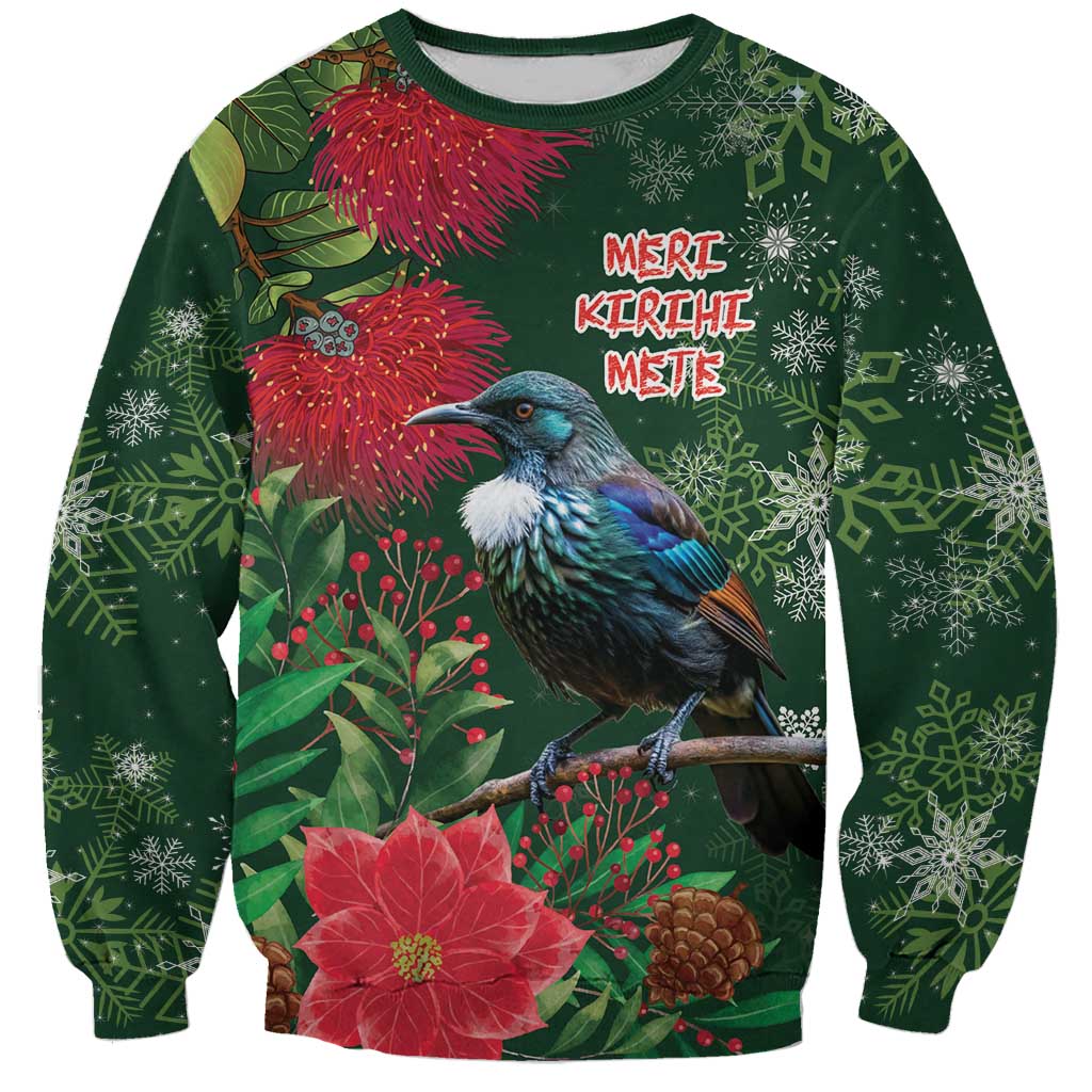 Tui Meri Kirihimete Personalised Sweatshirt Pohutukawa Flowers Green Motif - Polynesian Pride