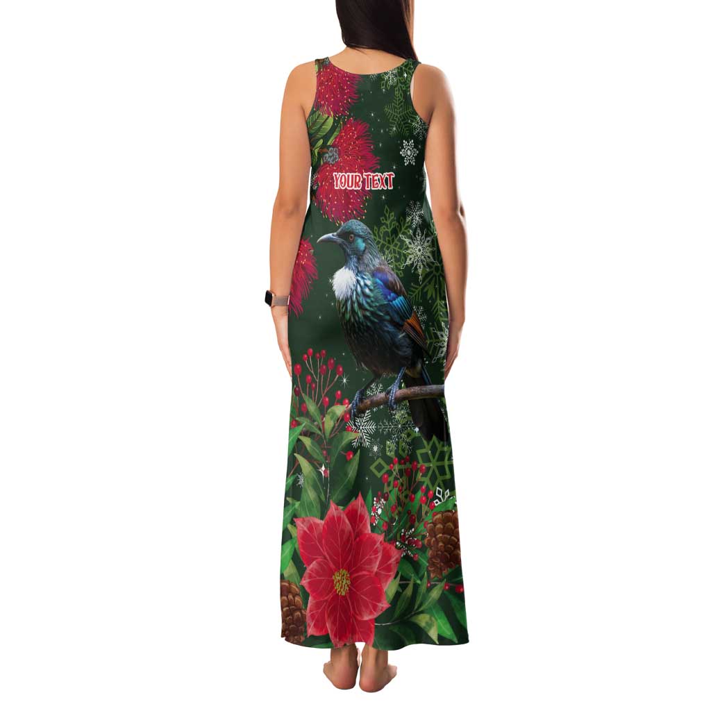 Tui Meri Kirihimete Personalised Tank Maxi Dress Pohutukawa Flowers Green Motif - Polynesian Pride