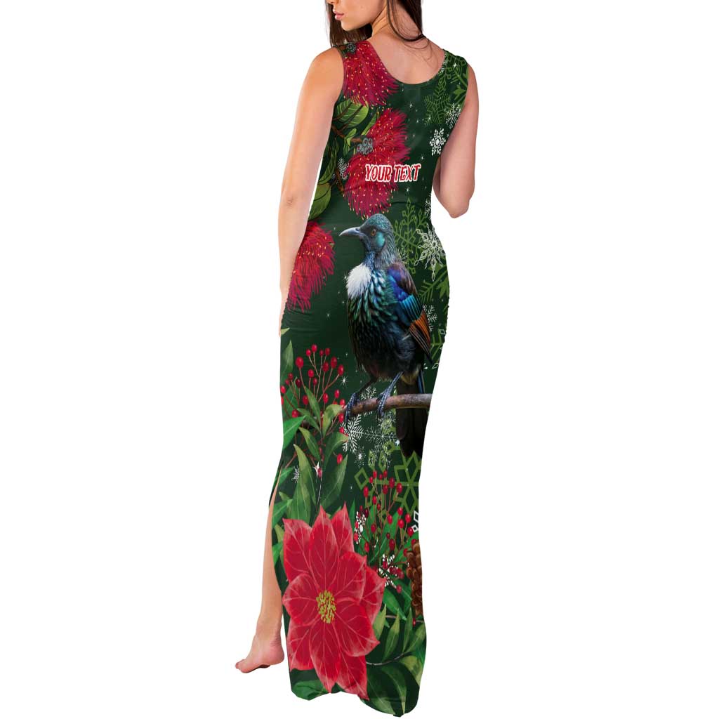 Tui Meri Kirihimete Personalised Tank Maxi Dress Pohutukawa Flowers Green Motif - Polynesian Pride