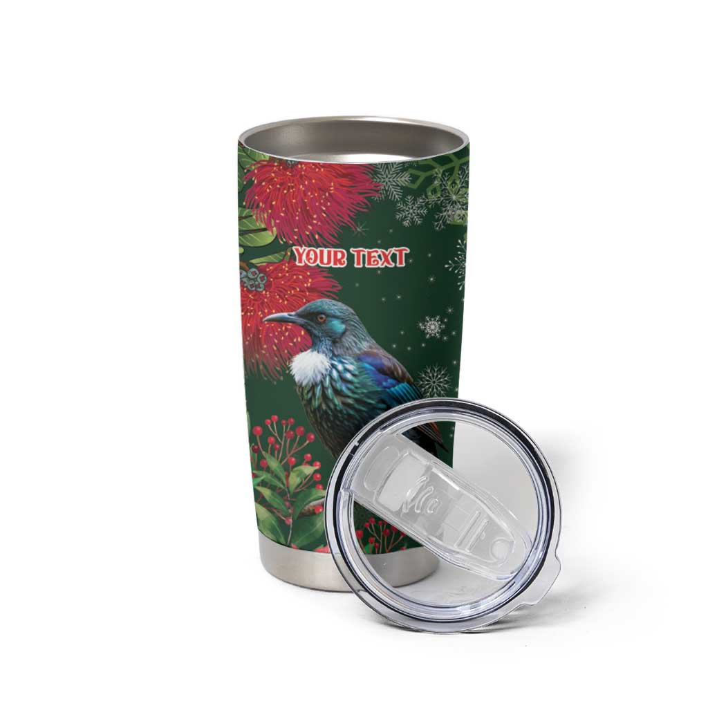 Tui Meri Kirihimete Personalised Tumbler Cup Pohutukawa Flowers Green Motif - Polynesian Pride