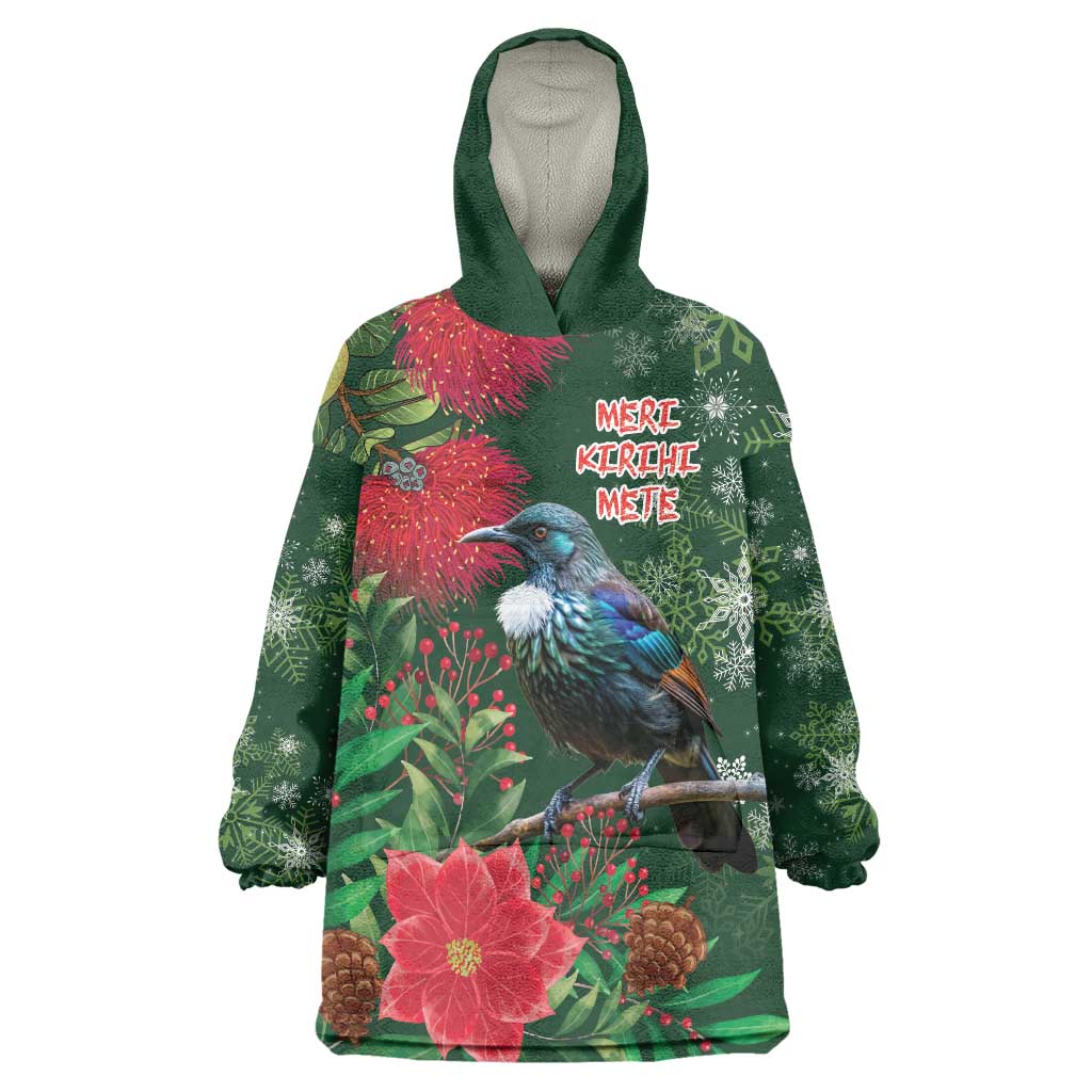 Tui Meri Kirihimete Personalised Wearable Blanket Hoodie Pohutukawa Flowers Green Motif - Polynesian Pride
