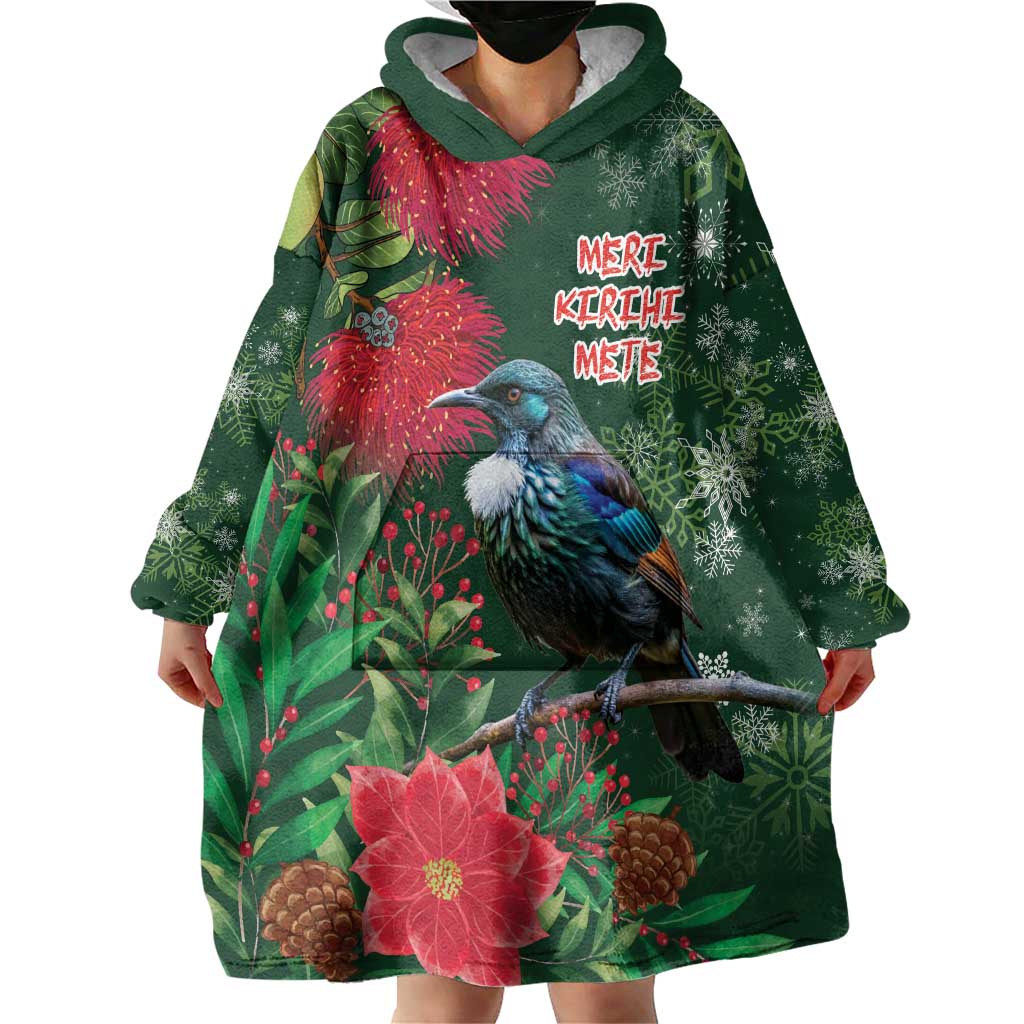 Tui Meri Kirihimete Personalised Wearable Blanket Hoodie Pohutukawa Flowers Green Motif - Polynesian Pride