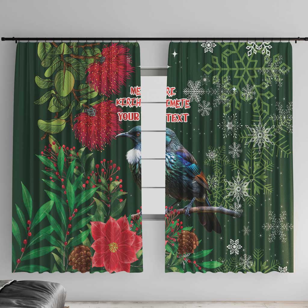 Tui Meri Kirihimete Personalised Window Curtain Pohutukawa Flowers Green Motif LT9 With Hooks Green - Polynesian Pride