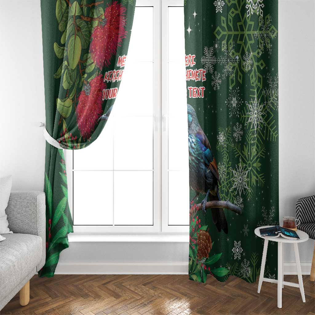Tui Meri Kirihimete Personalised Window Curtain Pohutukawa Flowers Green Motif - Polynesian Pride