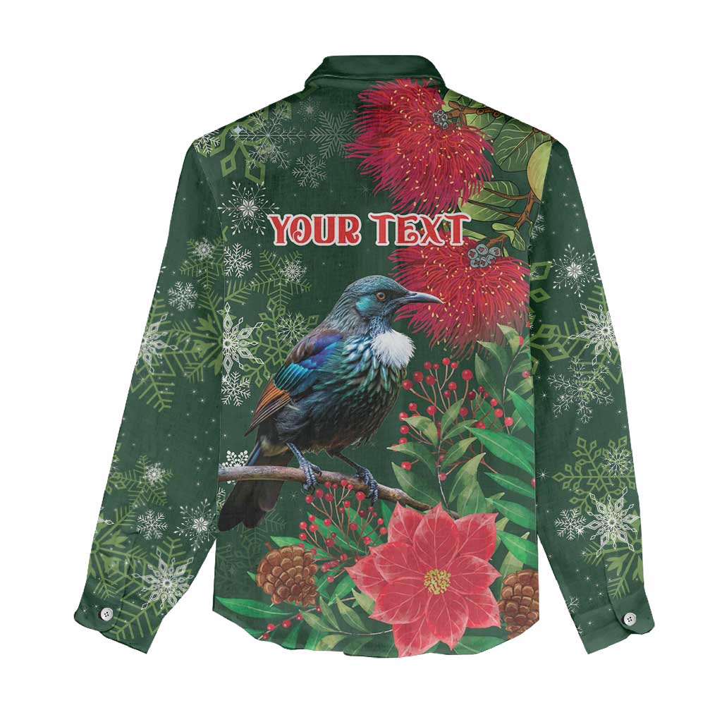 Tui Meri Kirihimete Personalised Women Casual Shirt Pohutukawa Flowers Green Motif - Polynesian Pride