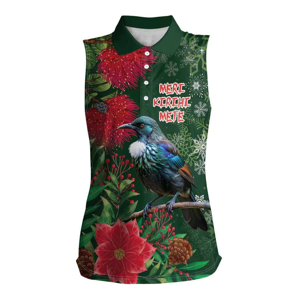 Tui Meri Kirihimete Personalised Women Sleeveless Polo Shirt Pohutukawa Flowers Green Motif - Polynesian Pride