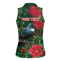 Tui Meri Kirihimete Personalised Women Sleeveless Polo Shirt Pohutukawa Flowers Green Motif - Polynesian Pride
