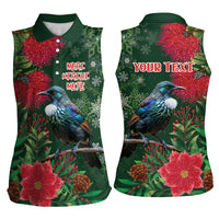 Tui Meri Kirihimete Personalised Women Sleeveless Polo Shirt Pohutukawa Flowers Green Motif - Polynesian Pride