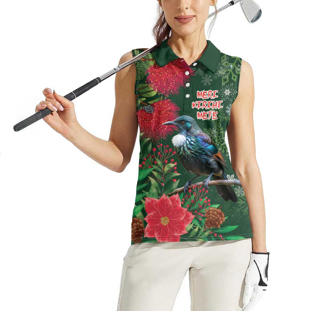 Tui Meri Kirihimete Personalised Women Sleeveless Polo Shirt Pohutukawa Flowers Green Motif - Polynesian Pride