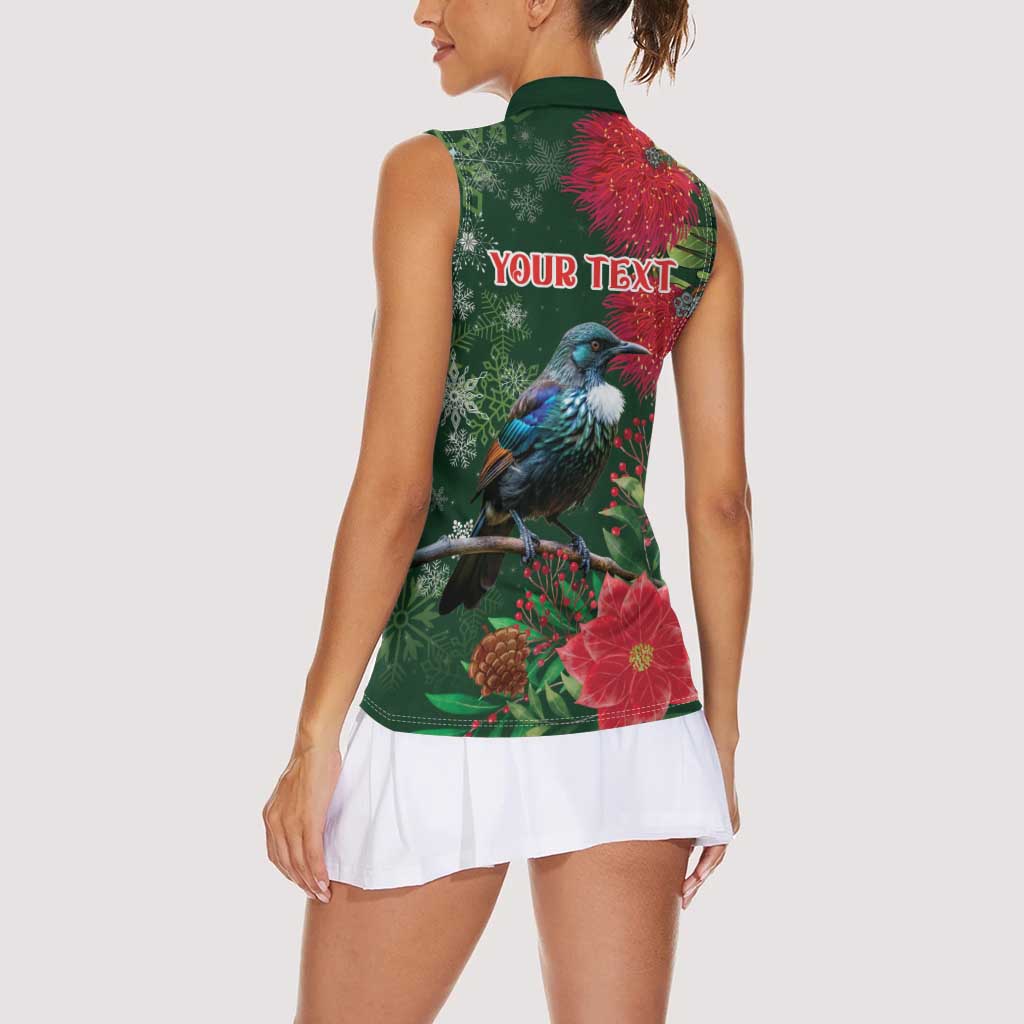 Tui Meri Kirihimete Personalised Women Sleeveless Polo Shirt Pohutukawa Flowers Green Motif - Polynesian Pride