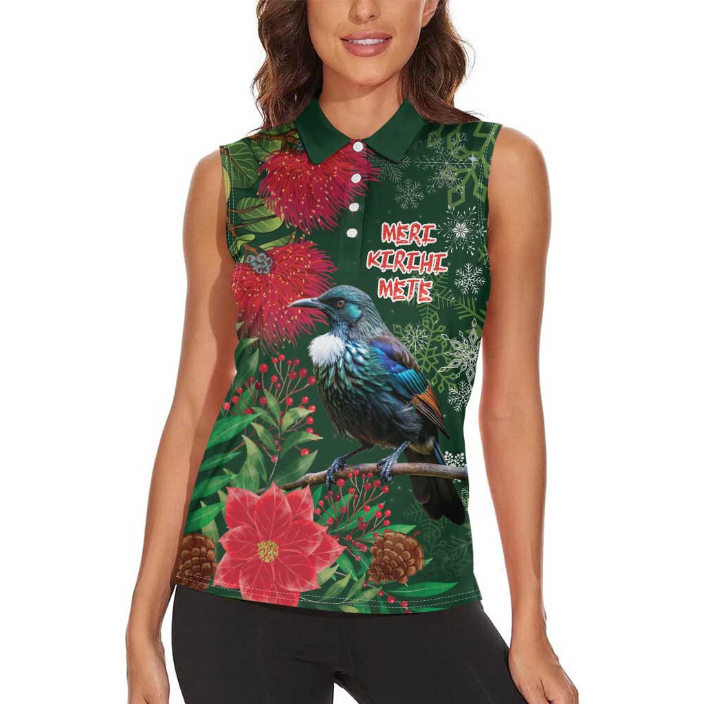 Tui Meri Kirihimete Personalised Women Sleeveless Polo Shirt Pohutukawa Flowers Green Motif - Polynesian Pride
