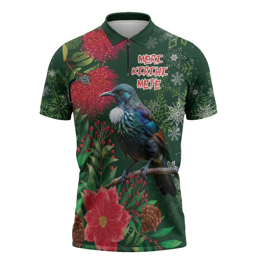 Tui Meri Kirihimete Personalised Zipper Polo Shirt Pohutukawa Flowers Green Motif - Polynesian Pride