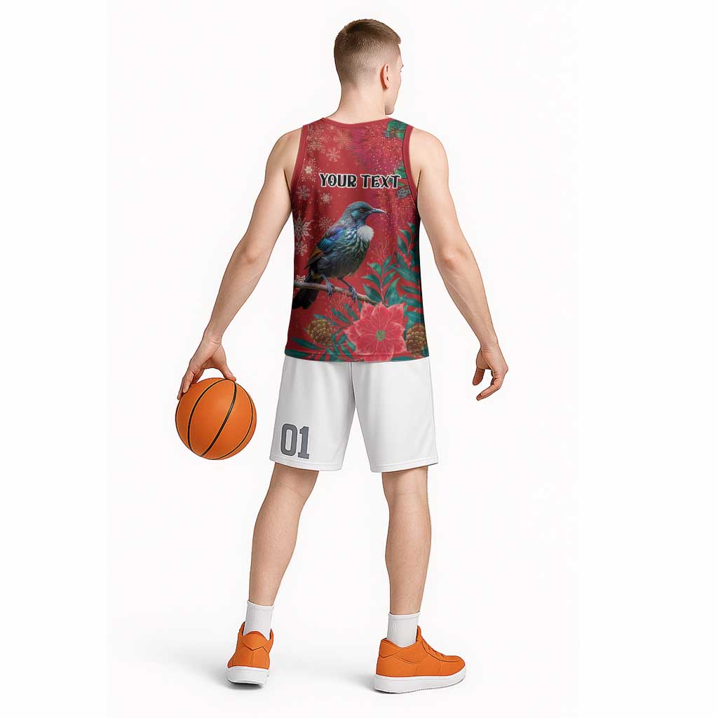 Tui Meri Kirihimete Personalised Basketball Jersey Pohutukawa Flowers Red Motif - Polynesian Pride