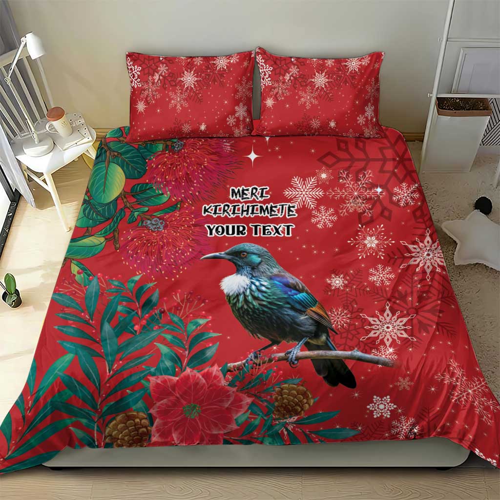 Tui Meri Kirihimete Personalised Bedding Set Pohutukawa Flowers Red Motif - Polynesian Pride