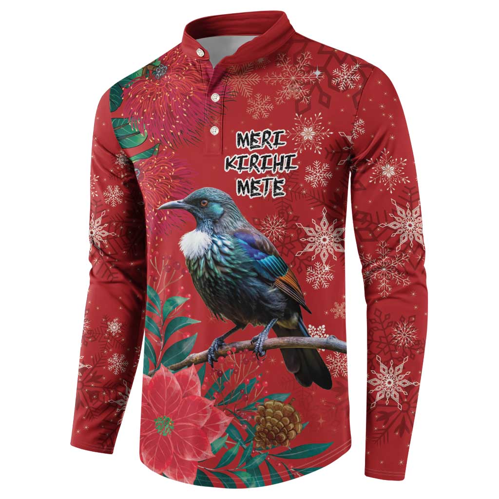 Tui Meri Kirihimete Personalised Button Sweatshirt Pohutukawa Flowers Red Motif - Polynesian Pride