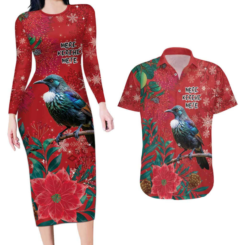 Tui Meri Kirihimete Personalised Couples Matching Long Sleeve Bodycon Dress and Hawaiian Shirt Pohutukawa Flowers Red Motif - Polynesian Pride