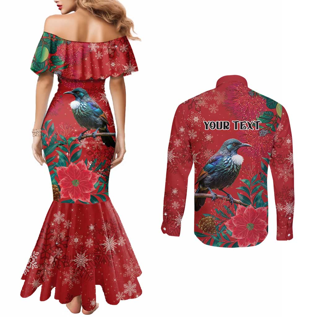 Tui Meri Kirihimete Personalised Couples Matching Mermaid Dress and Long Sleeve Button Shirt Pohutukawa Flowers Red Motif - Polynesian Pride