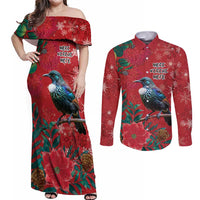 Tui Meri Kirihimete Personalised Couples Matching Off Shoulder Maxi Dress and Long Sleeve Button Shirt Pohutukawa Flowers Red Motif - Polynesian Pride