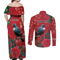 Tui Meri Kirihimete Personalised Couples Matching Off Shoulder Maxi Dress and Long Sleeve Button Shirt Pohutukawa Flowers Red Motif - Polynesian Pride