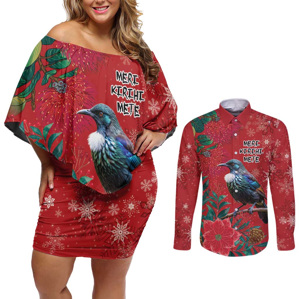 Tui Meri Kirihimete Personalised Couples Matching Off Shoulder Short Dress and Long Sleeve Button Shirt Pohutukawa Flowers Red Motif - Polynesian Pride