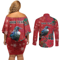 Tui Meri Kirihimete Personalised Couples Matching Off Shoulder Short Dress and Long Sleeve Button Shirt Pohutukawa Flowers Red Motif - Polynesian Pride