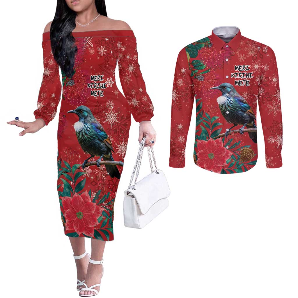 Tui Meri Kirihimete Personalised Couples Matching Off The Shoulder Long Sleeve Dress and Long Sleeve Button Shirt Pohutukawa Flowers Red Motif - Polynesian Pride